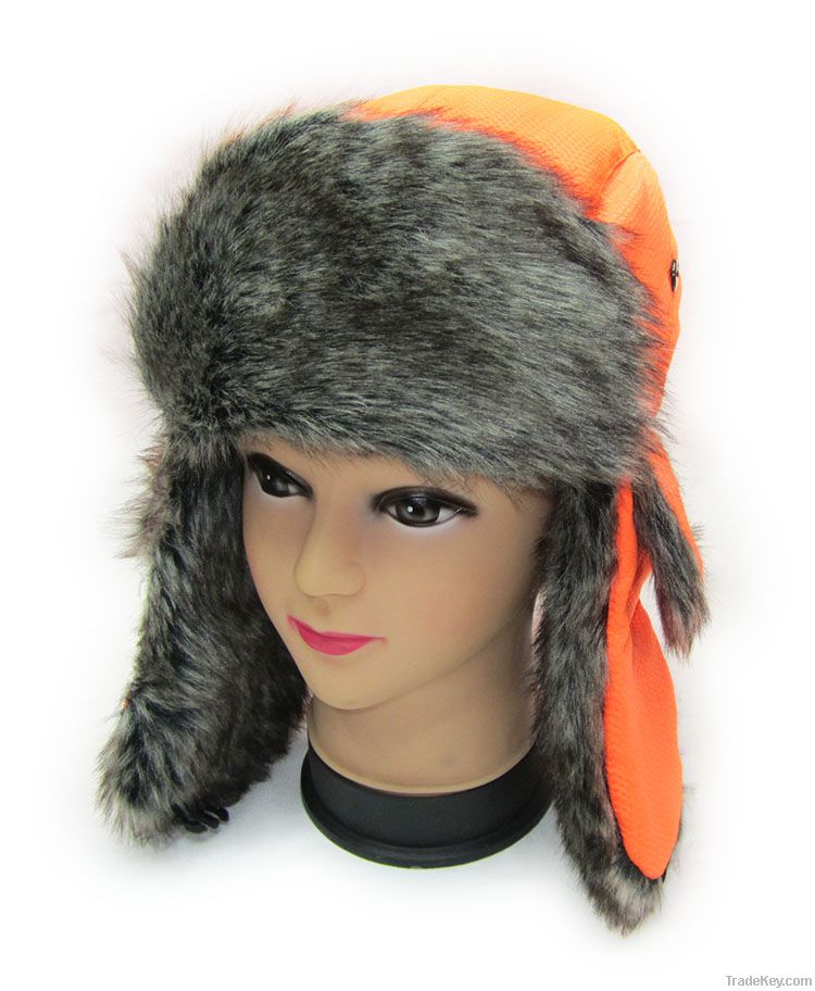 Good quality fabric trapper hat windproof hat with fur winter