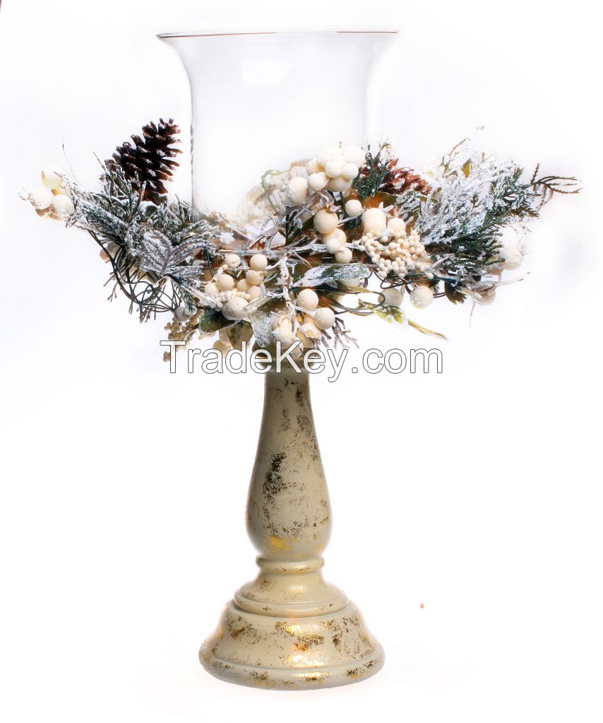 18"H Creamy White Cedar candle holder with Mixed Pine Centerpiece,include 1 glass top,battery operated