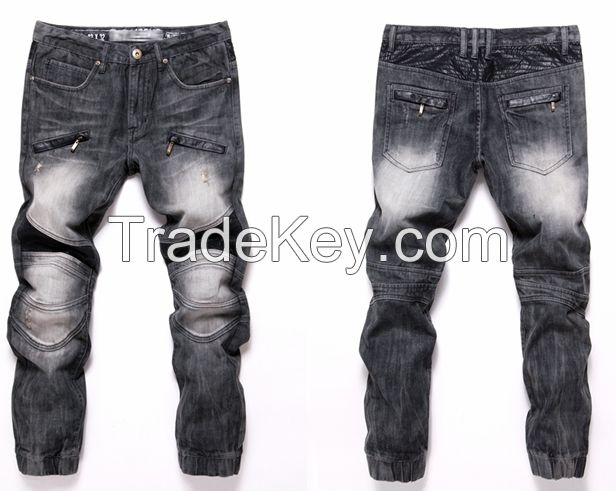 mens denim jogger pants leather patch