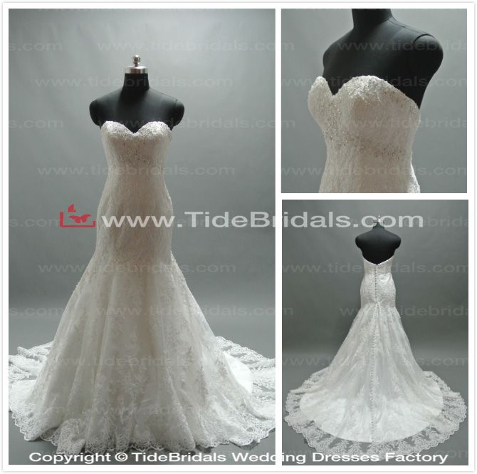 Hot Sell Mermaid Strapless Lace Chapel Train Party Wedding Dress Bridal Gown (CO316)