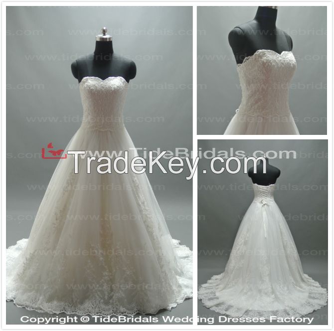 Aline Strapless sweetheart Lace Chapel Train Party Wedding Dress Bridal Gown (AS1401)