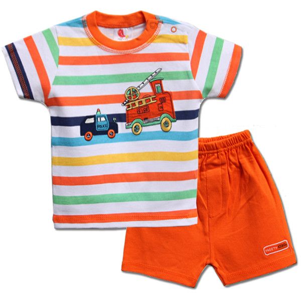 Value pretty kibo boy stick light stripe cotton cloth embroidered buckle shoulder T-shirt + shorts 2 piece suit 