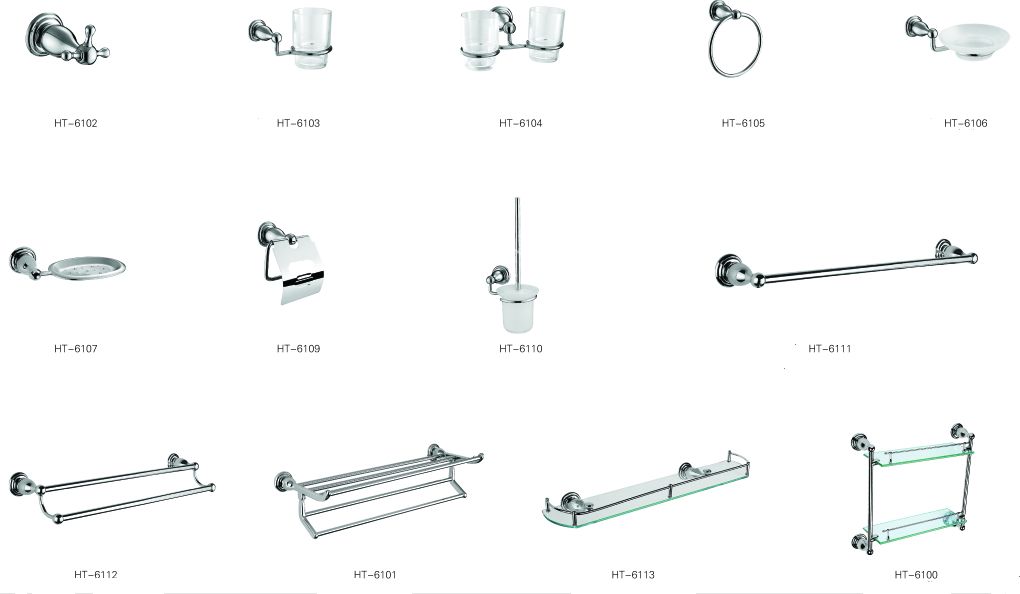 Bathroom accessories, towel bar, Towel ring, robe hook, paper holder, tubmbler holder, soap holder, soap basket, toilet brush, glass shelf