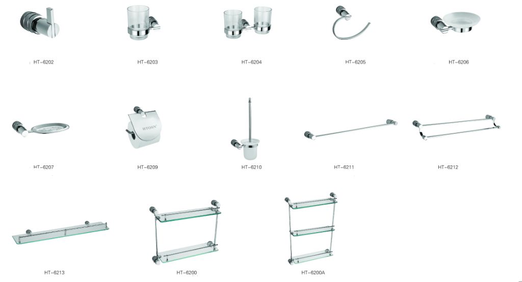 Bathroom accessories, towel bar, Towel ring, robe hook, paper holder, tubmbler holder, soap holder, soap basket, toilet brush, glass shelf