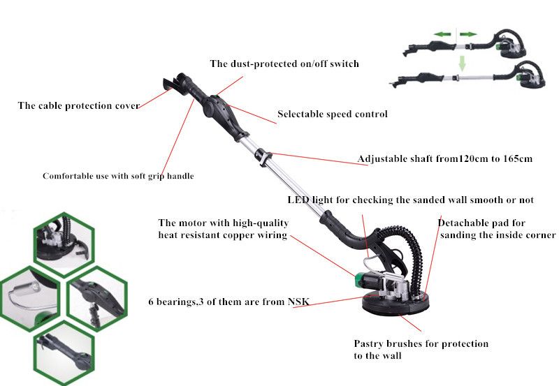 750W 225mm giraffe drywall sander  new with LED light, JHS-225B