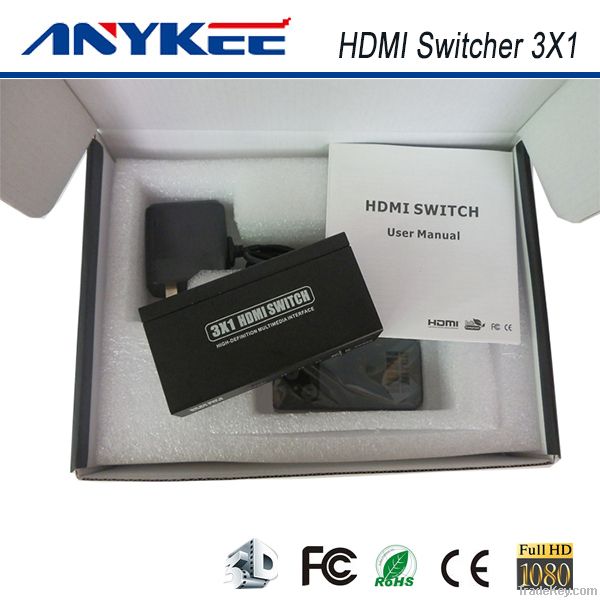 Factory price  IR control 3D HD 1080P 3 in 1 out 3x1 HDMI switcher