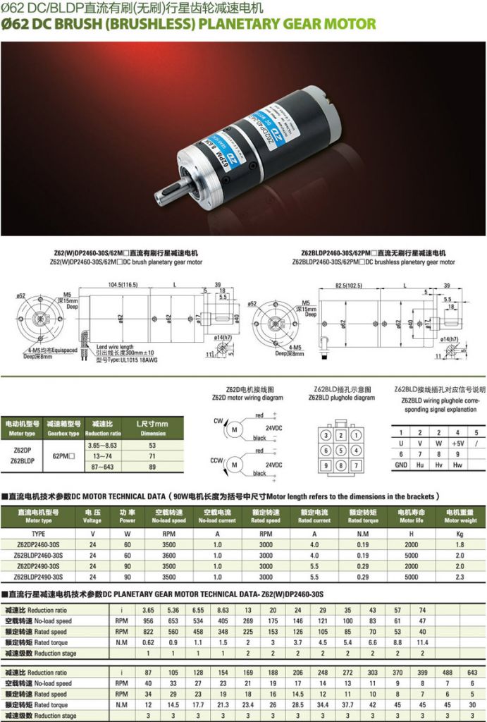 DC planetary gear motor fit for 24V60W and outline dimension 62 dc motor