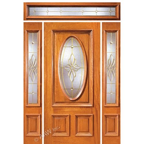 Glass Exterior Wooden Door With 2Sidelites and Transom