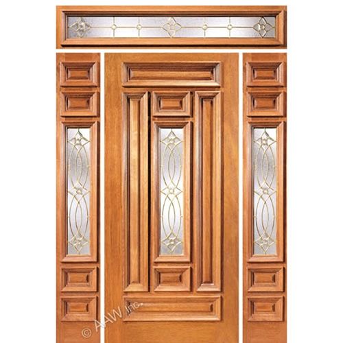 Glass Exterior Wooden Door With 2Sidelites and Transom