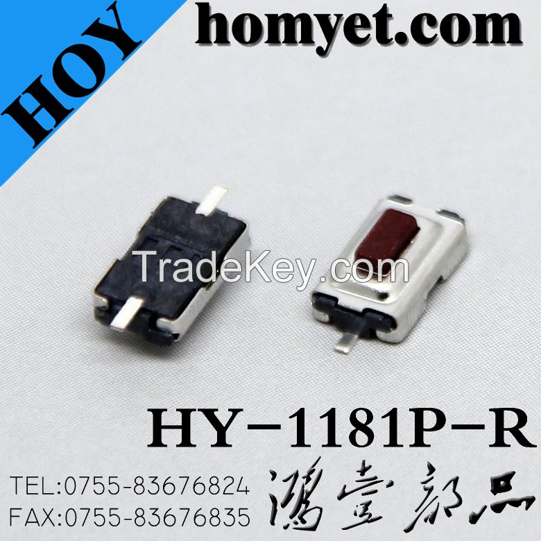 Tact Switch with 3*6*2.5mm Square Red Button Flat Foot 2 Pin SMD (HY-1181P-R)