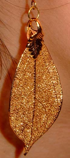 ORGANIC REAL LEAF EARRINGS #88, GOLD PLATED~NATURAL