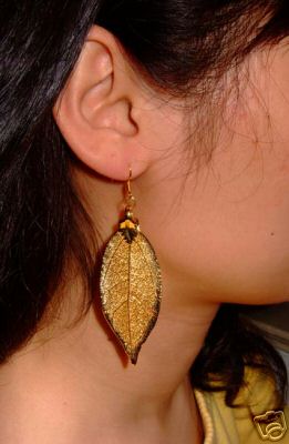 ORGANIC REAL LEAF EARRINGS #86(s), GOLD PLATED~NATURAL