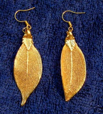 ORGANIC REAL LEAF EARRINGS #87, GOLD PLATED~NATURAL