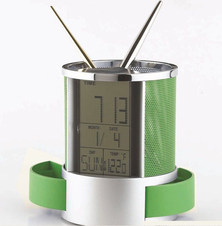 Plastic Pen Holder With Clock Table Pen Holder