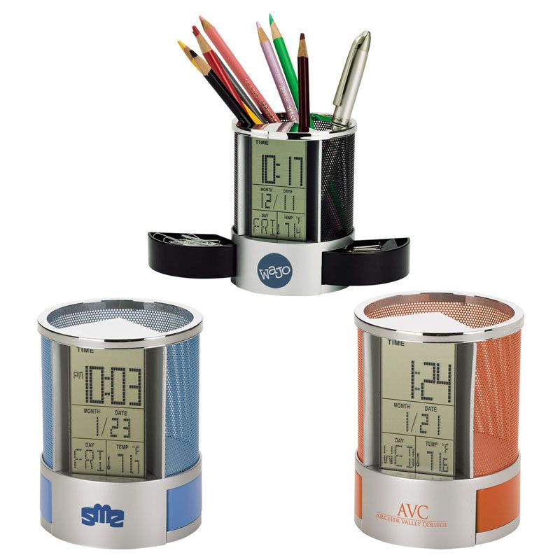 Plastic Pen Holder With Clock Table Pen Holder