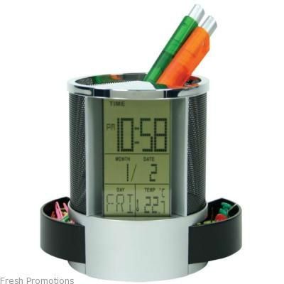 Plastic Pen Holder With Clock Table Pen Holder