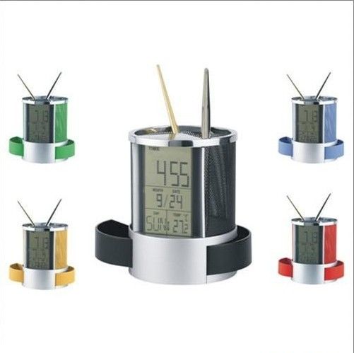 Plastic Pen Holder With Clock Table Pen Holder