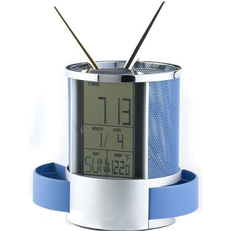 Plastic Pen Holder With Clock Table Pen Holder