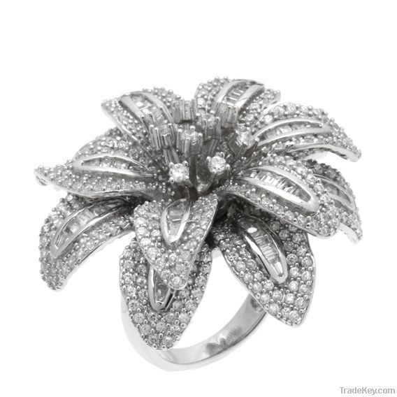 Sterling Silver Flower White Cubic Zirconia Ring