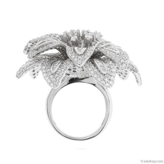 Sterling Silver Flower White Cubic Zirconia Ring