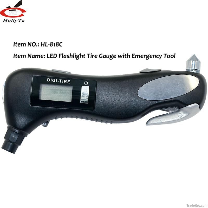 Digital tire pressure gauge with LED Torch/Emergency Hammer