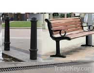 Street and garden furniture: bollards, tree grill, bench ends