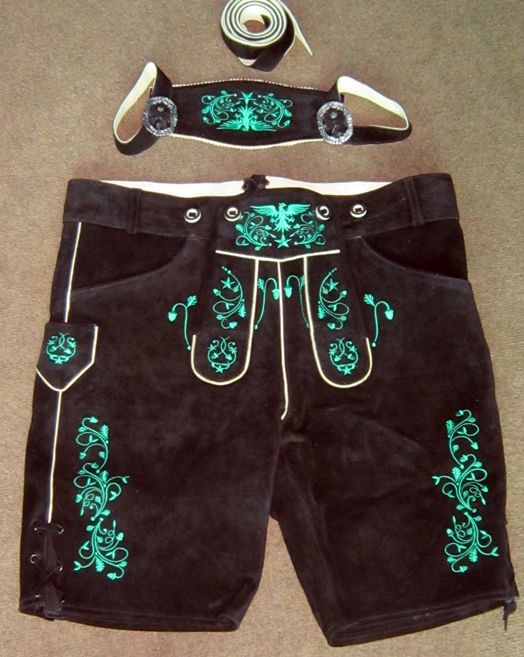 Lederhosen Embroidered Cowhide Leather Shorts, Black Color,