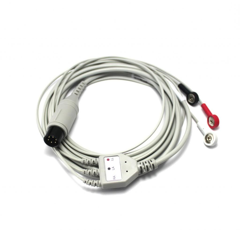 One-Piece 3 Lead ECG/EKG Cable with Leadwire, 6 pin, Snap, AHA, Compatible, TPU