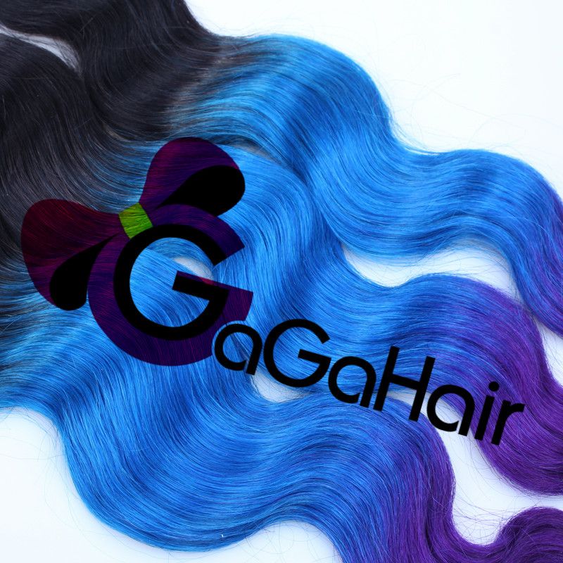 Ombre Brazilian Virgin Hair Body Wave Three Tone 1b/blue/purple# Hair Weaving Cheap Mixed Size 