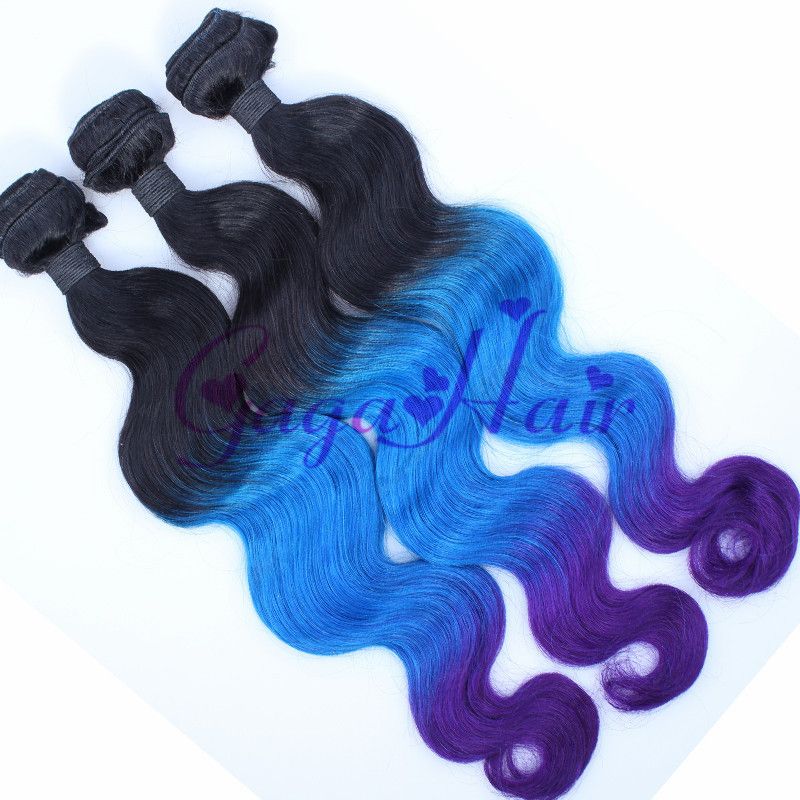 Queens Weft Hair Brazilian Virgin Hair Body Wave 3 bundles 14''-28'' Mixed Length Ombre Hair Weaves 1b/blue/purple Free Ship