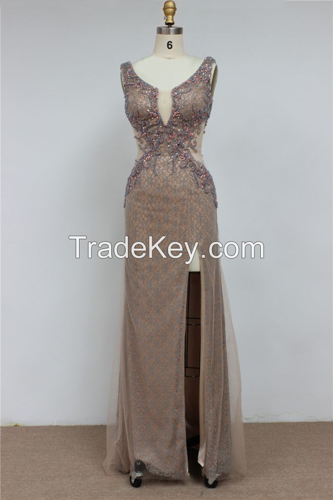 K2002 Strapless Beaded Embroidery Side Slit Tulle Lace Evening Dress