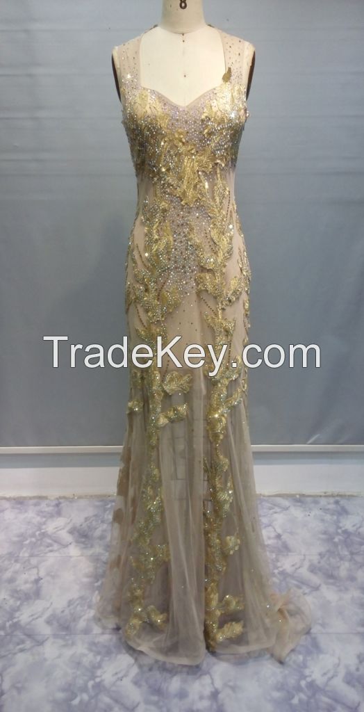 Y018 Stapless Beaded Embroidery Tulle Lace Evening Dress