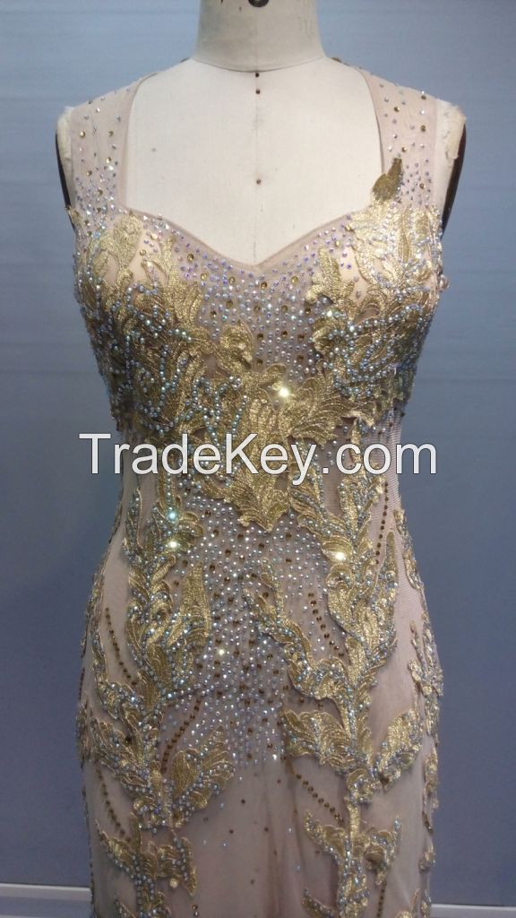 Y018 Stapless Beaded Embroidery Tulle Lace Evening Dress