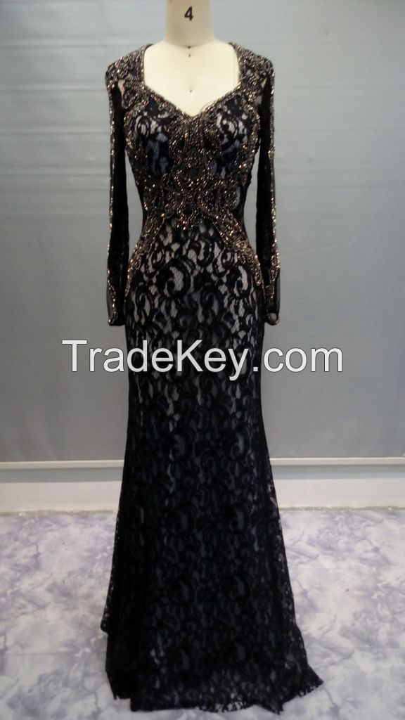 Y020 Sheer Beaded Chiffon Lace Long Sleeves Evening Dress
