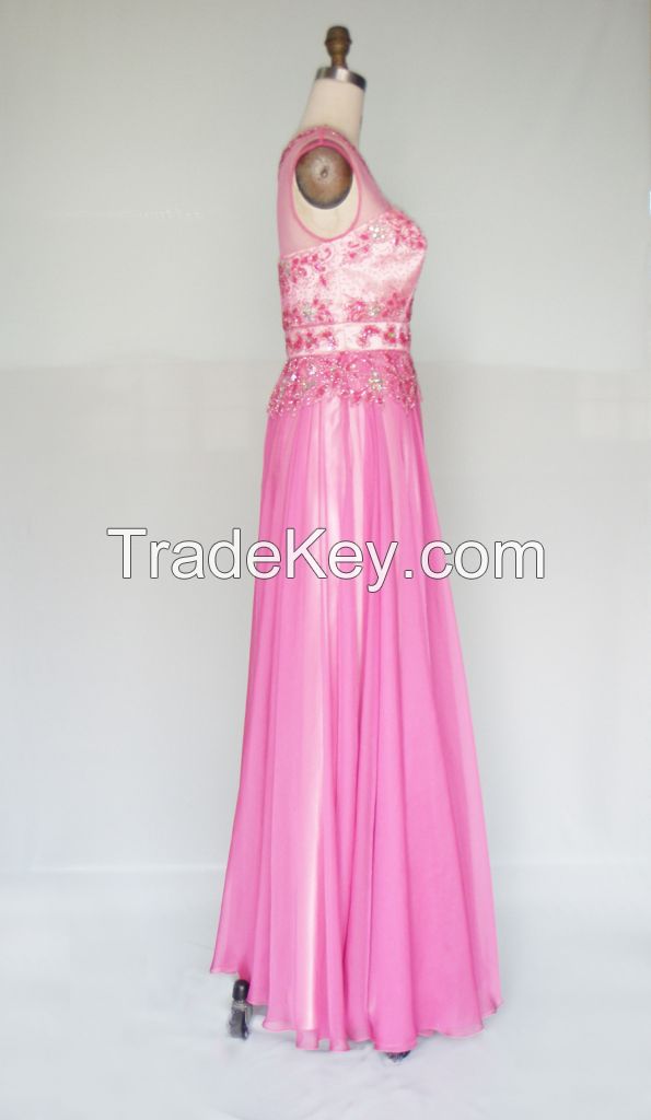 HY1002  New Arrival Strapless Beaded Embroidery Sheer Chiffon Evening Dress