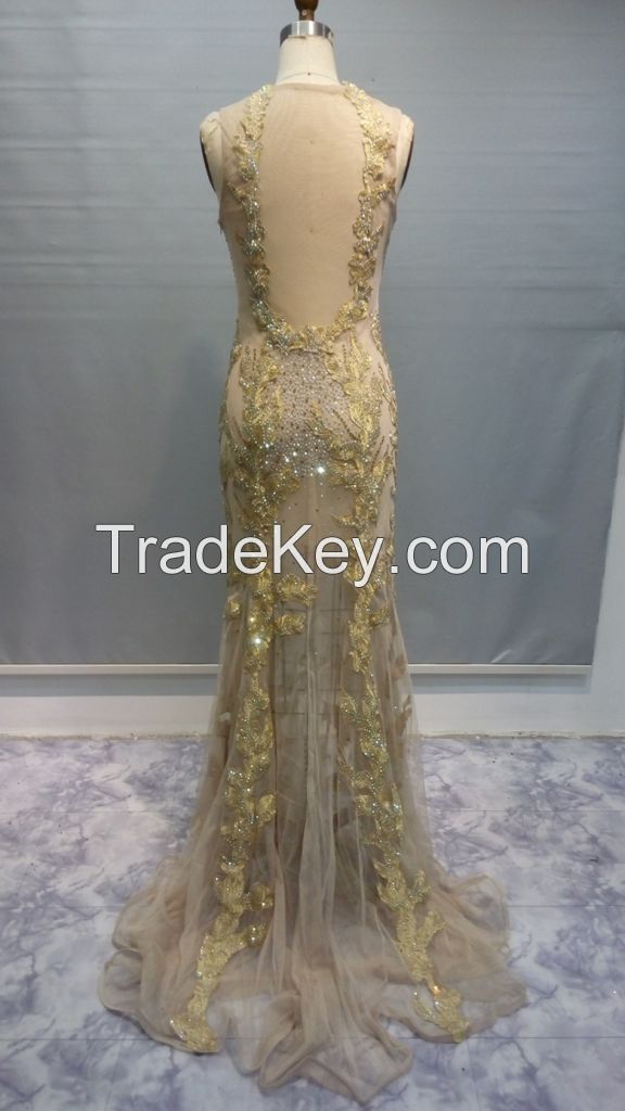 Y018 Stapless Beaded Embroidery Tulle Lace Evening Dress