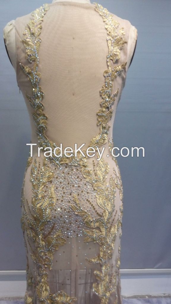 Y018 Stapless Beaded Embroidery Tulle Lace Evening Dress