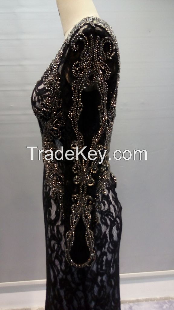 Y020 Sheer Beaded Chiffon Lace Long Sleeves Evening Dress