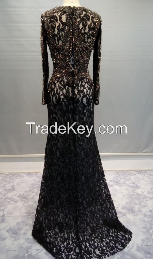 Y020 Sheer Beaded Chiffon Lace Long Sleeves Evening Dress