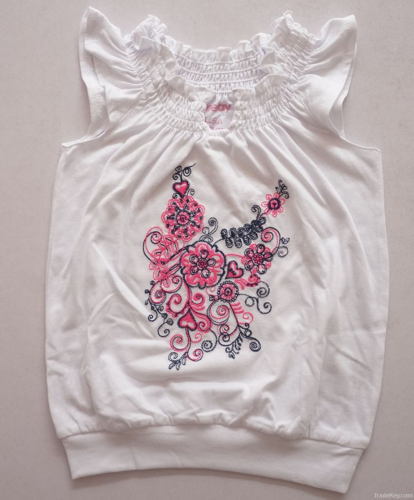 little girl wings sleeve smocking t shirt with flower embroidery