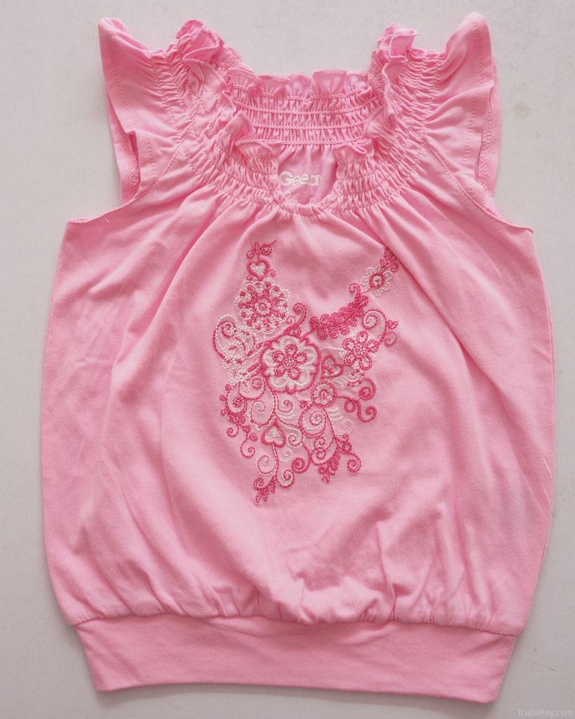 little girl wings sleeve smocking t shirt with flower embroidery