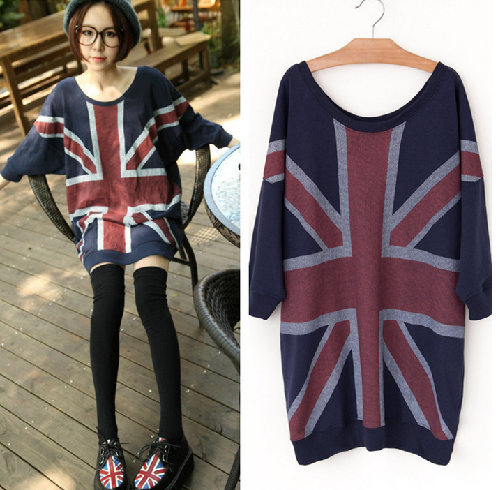 Japanese foreign trade wholesale women's leisure loose big yards bat Union Jack dress shirt to wear sweater female pros and cons