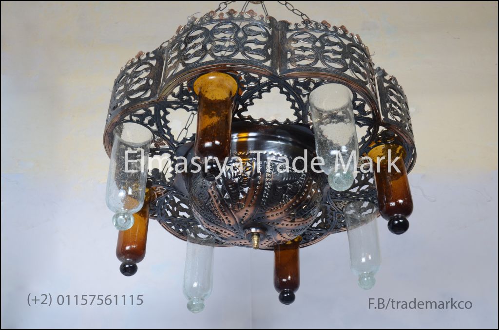 Egyptian Brass Chandelier With Multiple Color Glass - Chandelier Lighting - # Ch-105