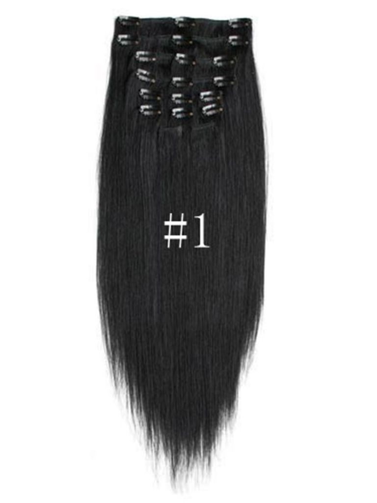 Silky Straight 100% Human Hair Clip On In Extensions 8 Piece Set Color 1 Black
