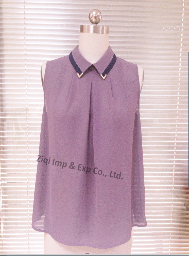 Elegant Ladie's Polyester Chiffon Tank Tops with Metal-edge Collar