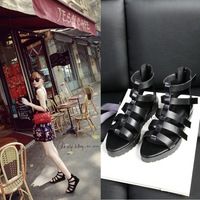 Black strap flat sandals genuine leather platform shoes