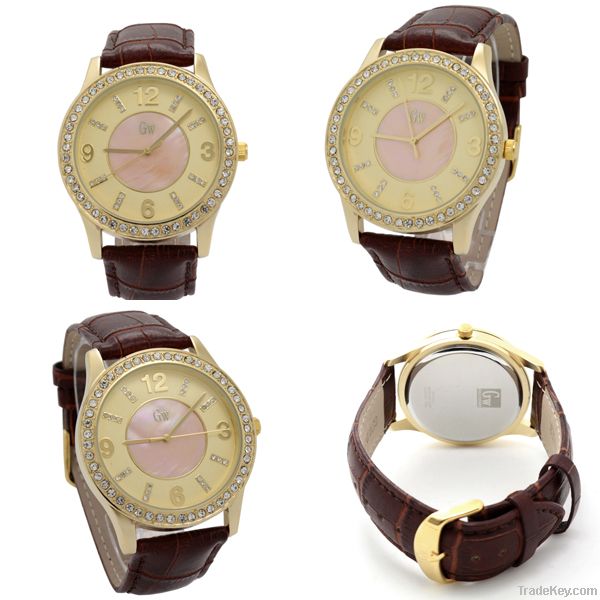 Gold Winner Fashion Diamond Women Leather Quartz Wristwatch GW180043