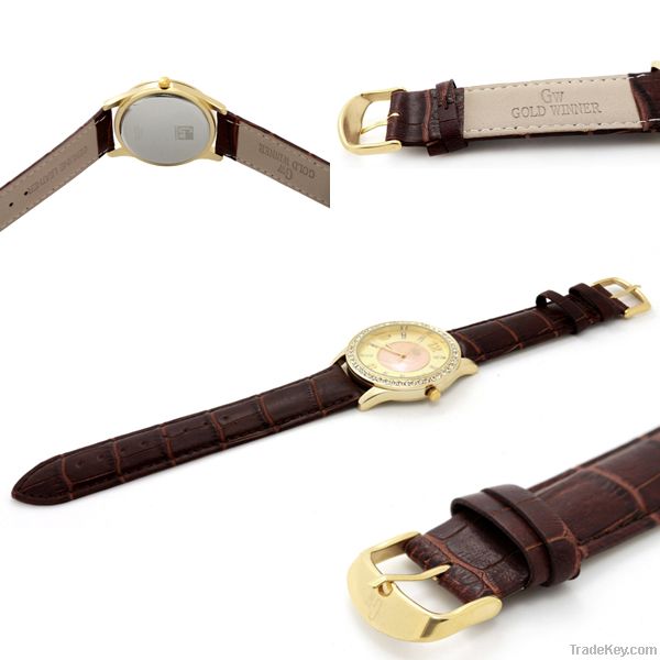 Gold Winner Fashion Diamond Women Leather Quartz Wristwatch GW180043