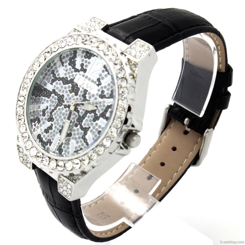 Gold Winner Fashion Diamond Women Leather Quartz Wristwatch Gw180042A