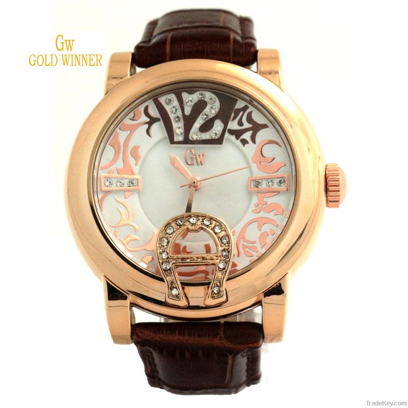 Gold Winner Diamond Women Leather Quartz Watch Wristwatch GW180045